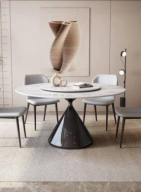 简圆形岩代板餐桌现简约圆桌餐意60224式极轻奢桌感家用带转盘