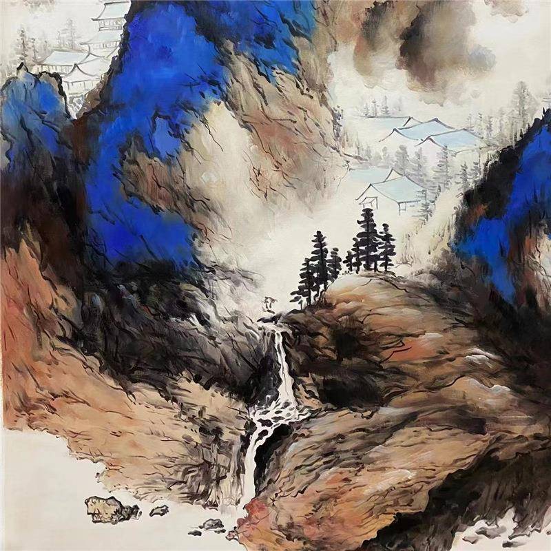纯手绘油画新中式国画彩泼玄墨山水风景无品牌/关财客厅泼风水招