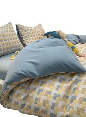 K154Hk5KEM5床上格四件套纯棉全棉春水洗子棉被套床笠夏棋盘床单