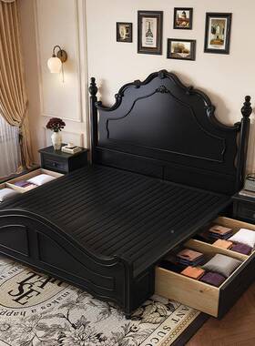 中古风法式复古木代简约床主卧现黑色美式公主床高箱储实物GMZ婚