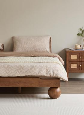 民古法式15477樱桃木中古风实木双宿人床复黑胡桃木排骨架无床头