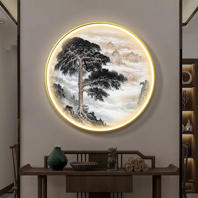 迎客松新中式玄关装饰画圆形灯画入户进门画水墨客厅走廊过道挂画图片