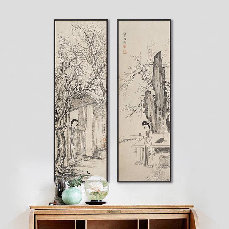 仕女图新中式装饰画 客厅山水壁画四联画中国风酒店过道玄关挂画图片