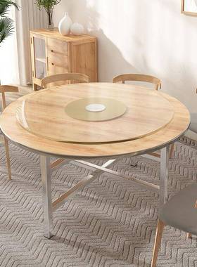 加厚实木圆圆桌餐家用形1桌可变折叠带转盘1JBP0人5人餐厅酒店大