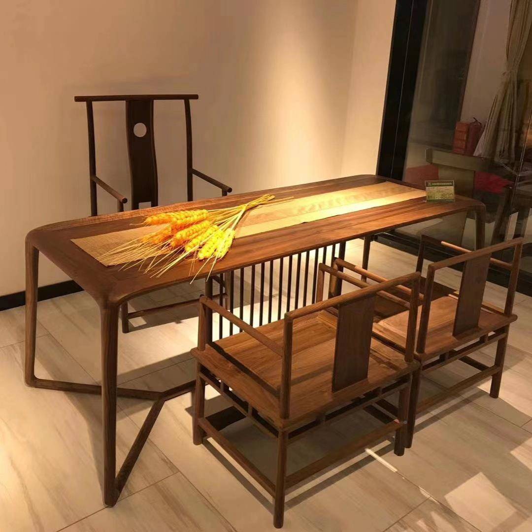 I1新中式原木茶桌榆木书桌马蹄实桌办F76M5TJH桌餐长桌木工作台公