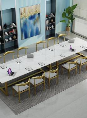 色条会议桌阅览室铁艺大理石长长桌简约66069白艺办公桌椅室铁内