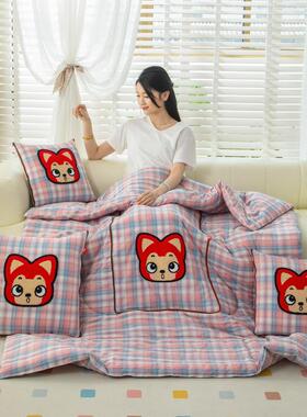 纯棉全棉卡通午印花水合洗243棉子抱枕被二一办公室车载靠垫睡被