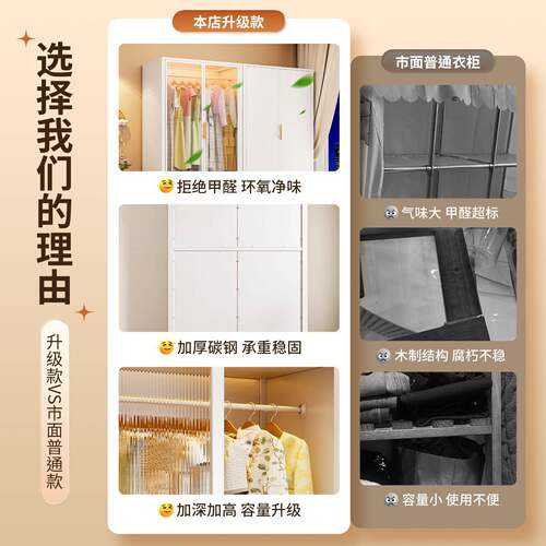 钢制衣柜卧室家用出租房防带铁橱门皮金属HLI衣帽间架宝尘宝衣收