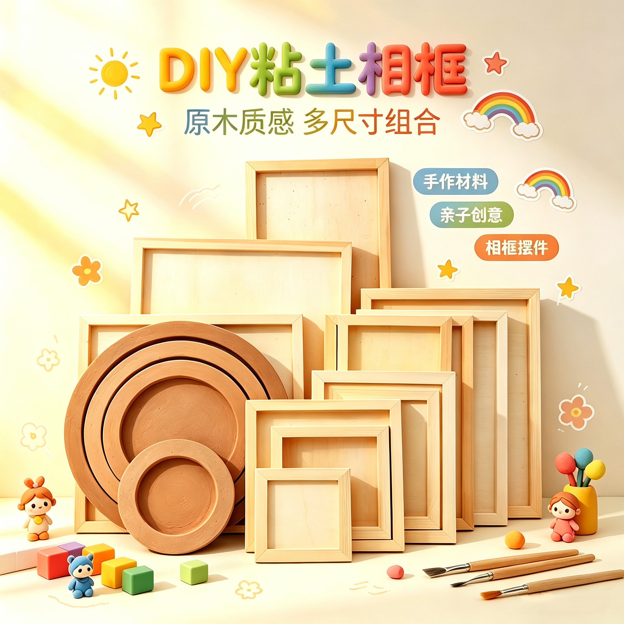 DIY木质相框手工材料多尺寸组合原木质感亲子创意摆件