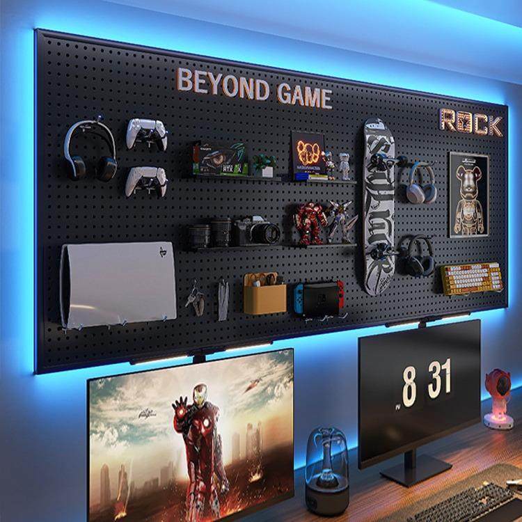 电竞房洞洞板黑色墙上置物架书房上方电脑桌墙面挂板收纳铁艺装饰,家装灯饰光源,其它灯具灯饰,淘宝优惠券,粉丝福利购,淘宝优惠卷