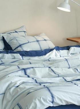 2024新款全棉植物扎染四件套日式复古几何线条格子纯棉水洗棉套件