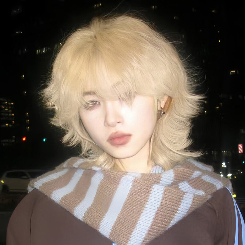 鲻鱼头假发男生新款米白金色中性风狼尾发型男士式日系蓬松全头套