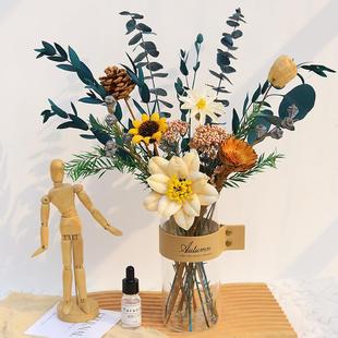 干花花束摆件家居客厅茶几摆设卧室内尤加利真花永生花花瓶装饰品