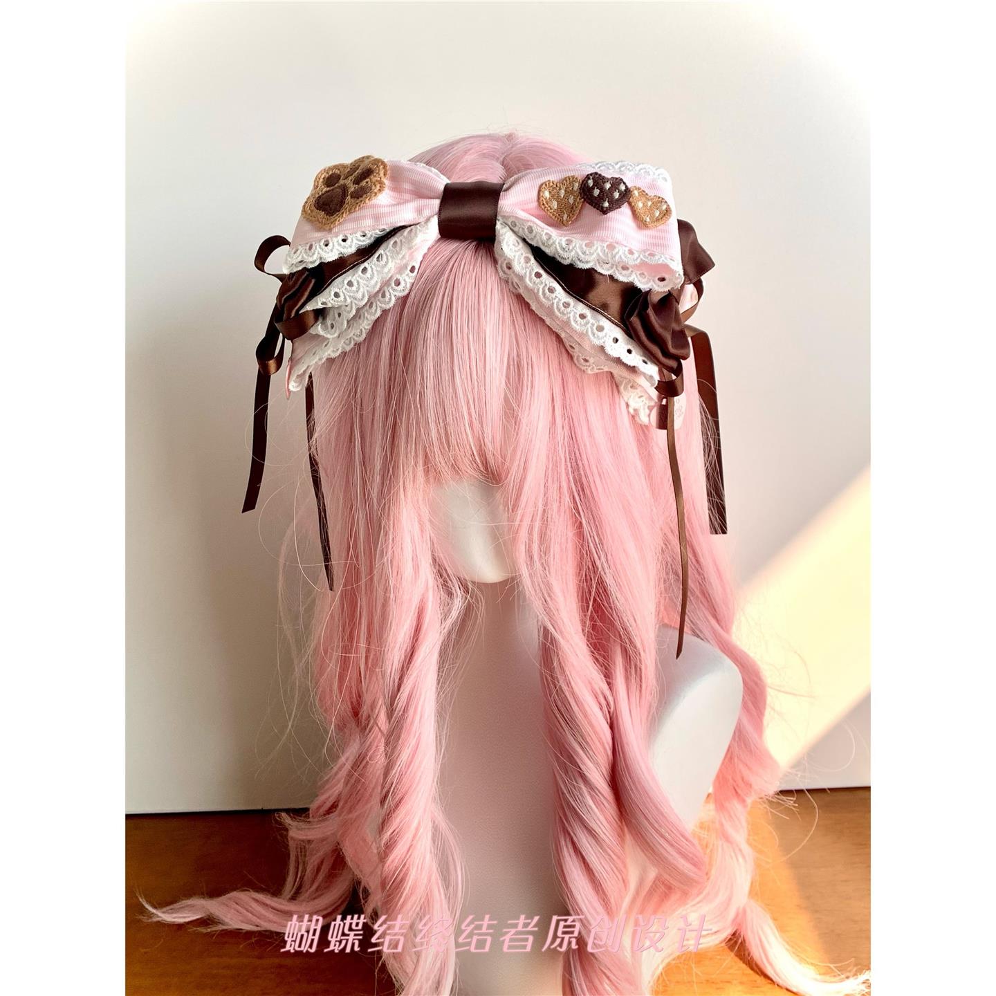 Little Fortune粉棕爱心蝴蝶结发箍Lolita草莓巧克力古早头饰发带