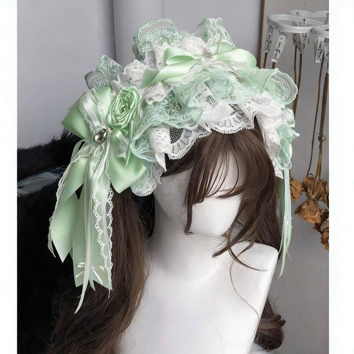 重工款手作汉洋折衷绿色Lolita头饰发带蕾丝蓬蓬修饰头型玫瑰bnt