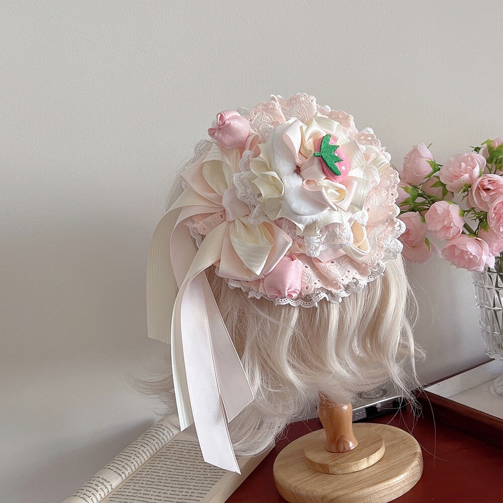 Little Fortune手作lolita粉白草莓蛋糕蝴蝶结小礼帽可爱少女发夹