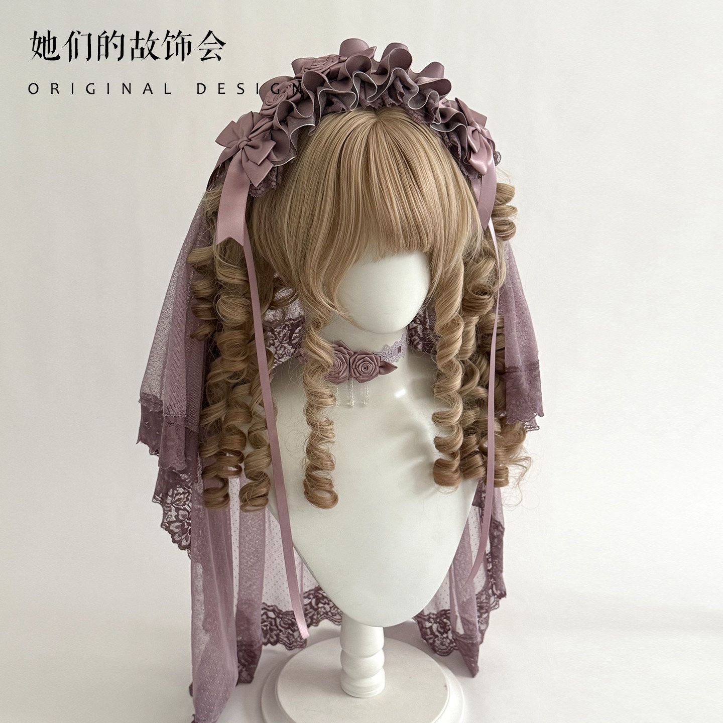 灯影手作小物Lolita发饰发夹对夹花丸头纱蝴蝶结蕾丝紫色发带扁帽