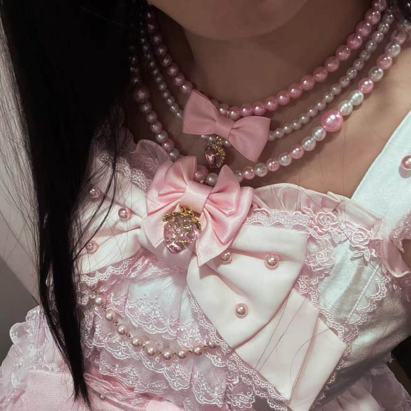 Little Fortune粉色仿珍珠草莓Lolita百搭项链姬系恋姬洛丽塔颈链