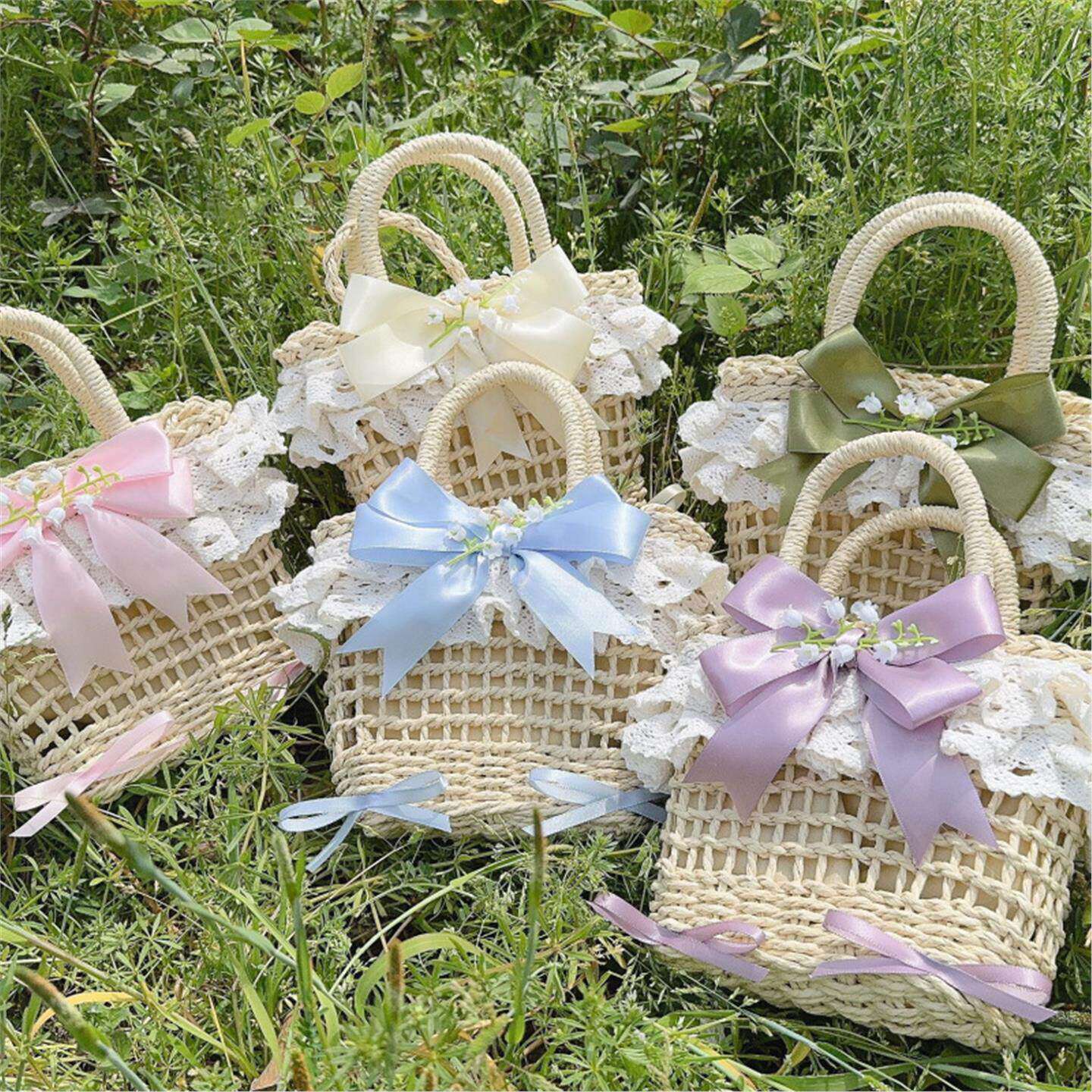 Little Fortune夏日Lolita蝴蝶结沙滩田园草编包手提编织斜挎包