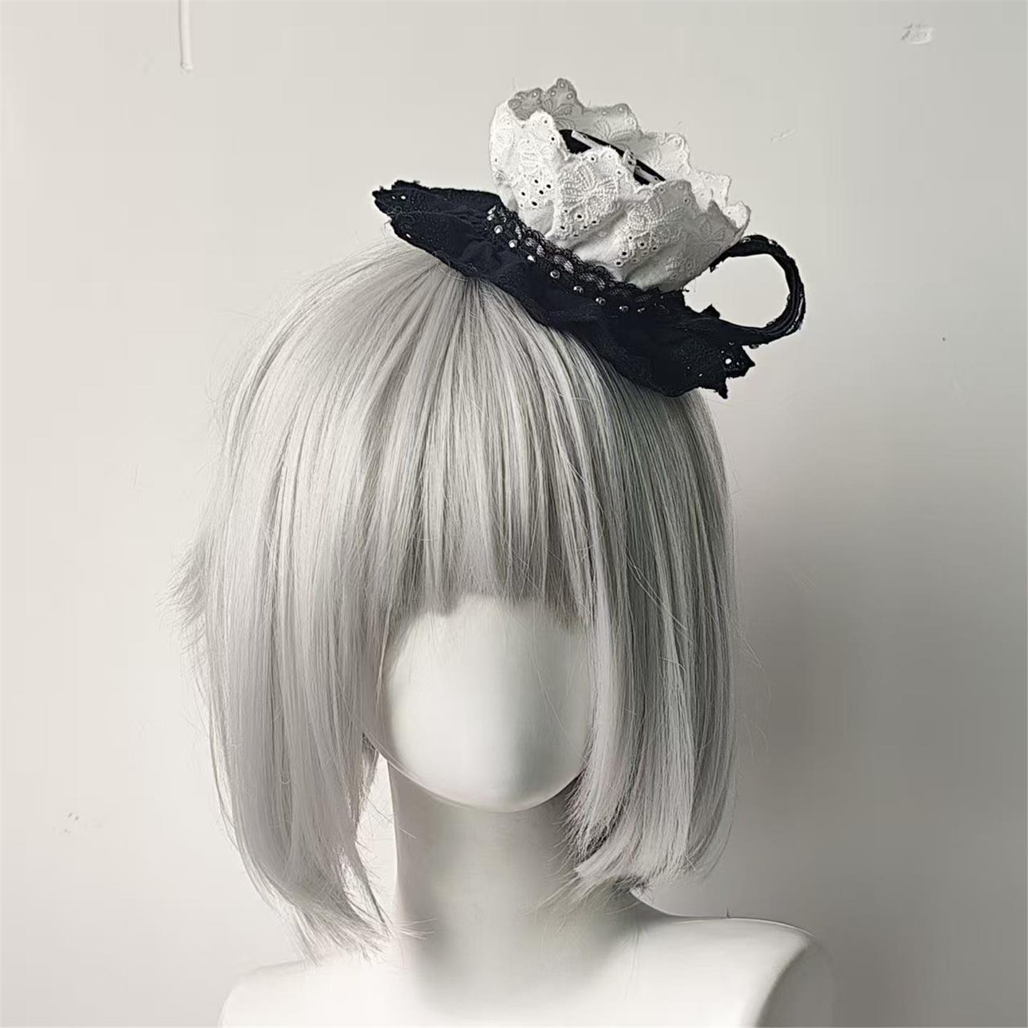 lolita茶杯造型设计感小帽子头饰小众黑白花边撞色头花