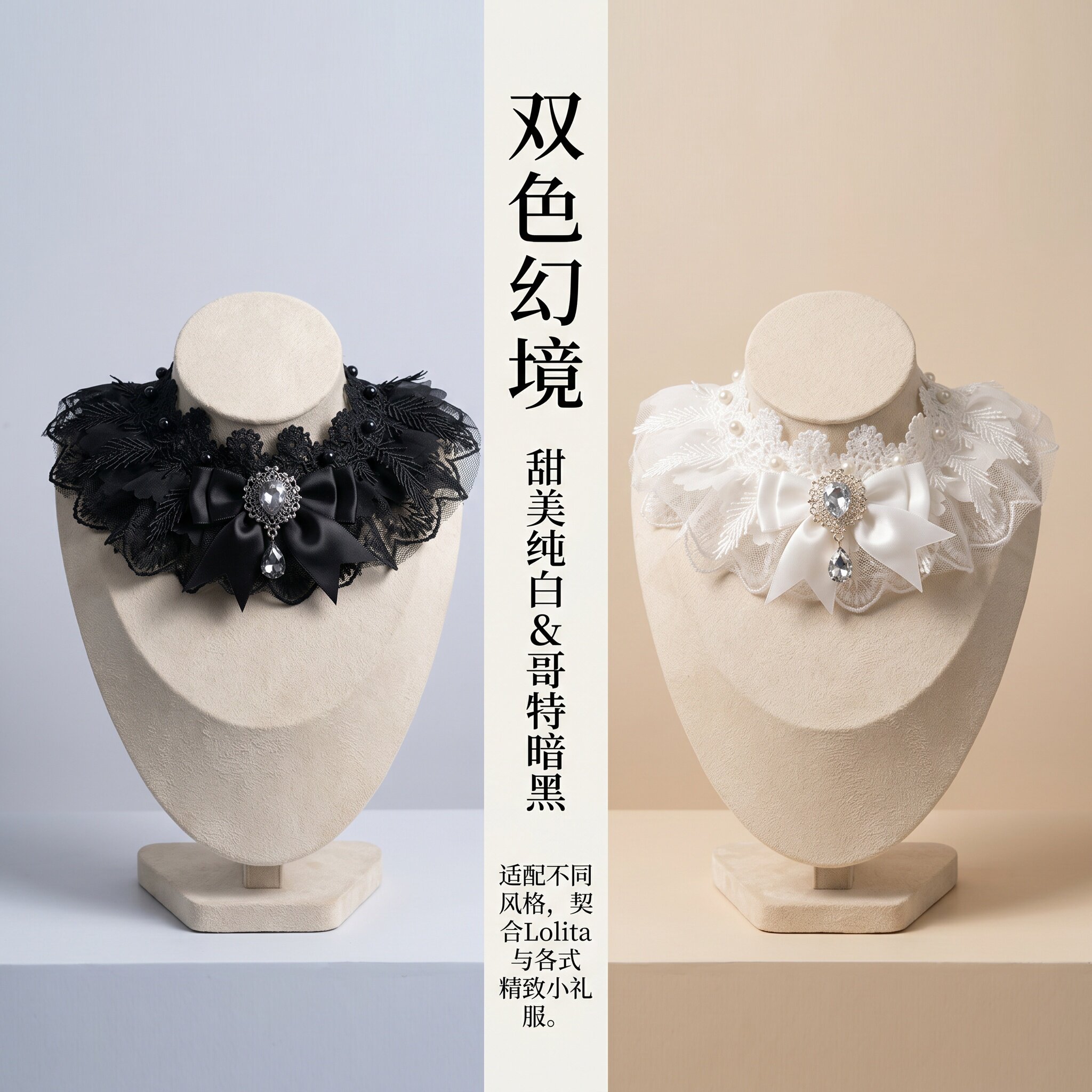Little Fortune手作黑色白色洛丽塔蕾丝钉珠手袖颈饰项链可调节