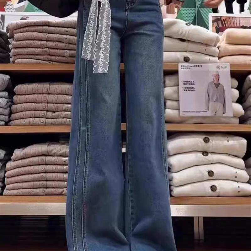 复古蓝双侧骨直筒牛仔裤女夏季新款大码胖mm高腰遮胯显瘦阔腿长裤