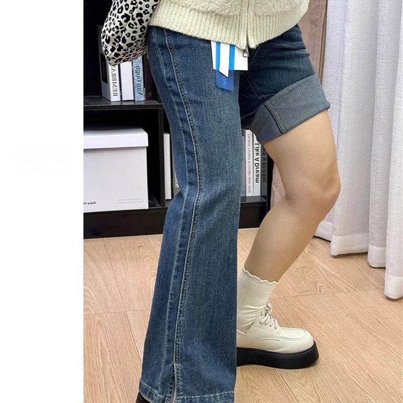 大码不贴腿开叉微喇牛仔裤女春秋新款胖mm宽松显瘦梨形身材直筒裤