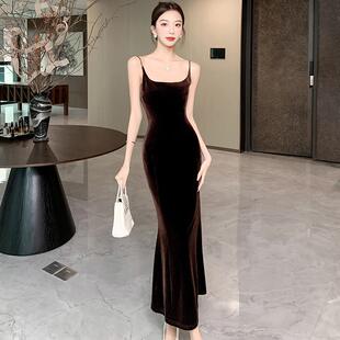 实拍 咖啡色丝绒吊带连衣裙女秋感复古鱼尾裙收腰显瘦长裙