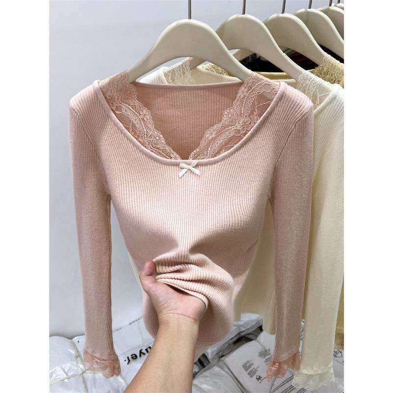 粉色显白减龄修身V领拼接蕾丝长袖针织上衣女春季新款毛衣打底衫