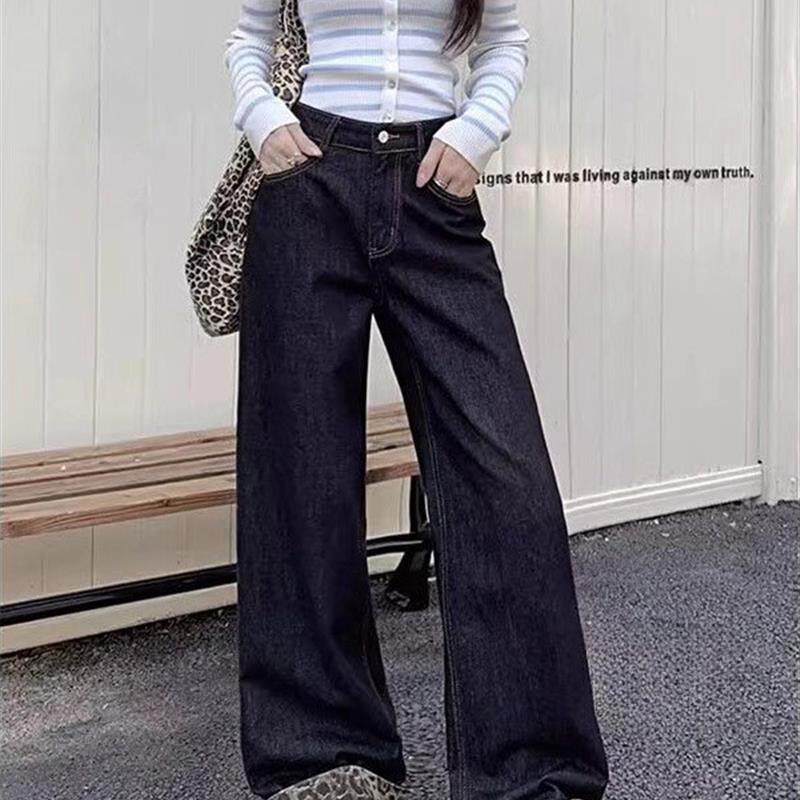 美式复古黑色豹纹卷边阔腿牛仔裤女春秋新款高腰宽松直筒拖地长裤