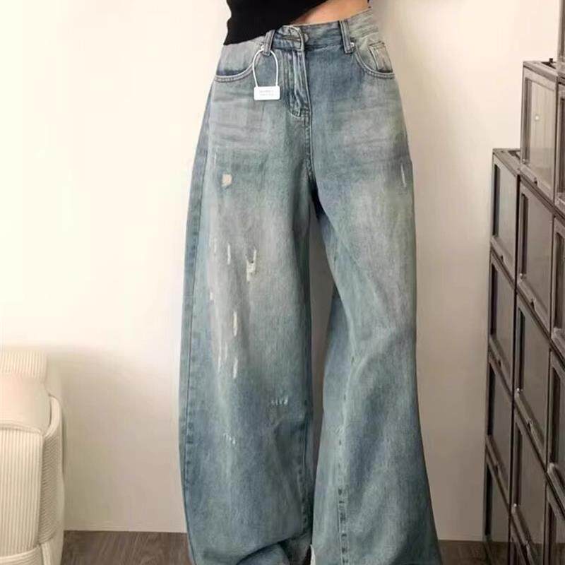 高腰破洞牛仔阔腿裤女大码胖mm夏季设计感遮胯显瘦水洗拖地直筒裤