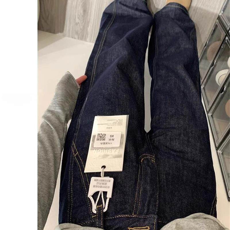 深蓝色丹宁阔腿牛仔裤女春秋2026年新款大码胖mm宽松高腰直筒裤子