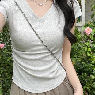 纯棉正肩V领短袖T恤女2026新款春夏季百搭修身小个子短款辣妹上衣