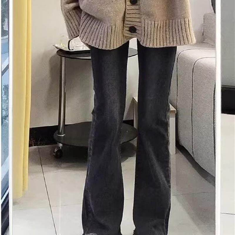 黑灰色微喇牛仔裤女大码胖mm小个子显高美式毛边流苏喇叭裤子秋冬