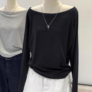 一字肩纯棉长袖斜肩黑色T恤女2026春秋冬新款内搭宽松露肩打底衫