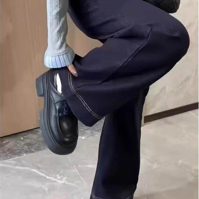 深蓝色水洗阔腿牛仔裤女春季新款宽松显瘦梨形身材直筒拖地长裤子