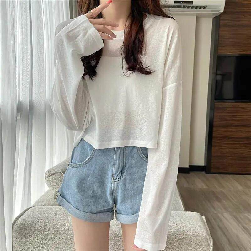 新款长袖防晒衣罩衫2026夏季薄款韩版宽松百搭圆领短款T恤女ins潮