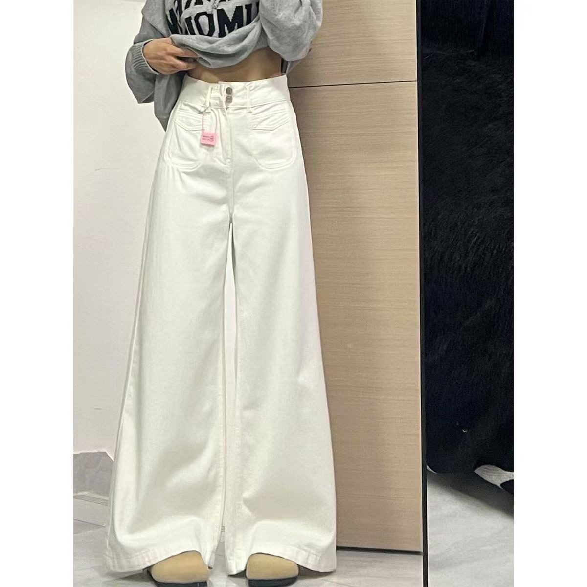 白色阔腿牛仔裤女早春新款高腰宽松设计感双排扣垂感直筒拖地长裤