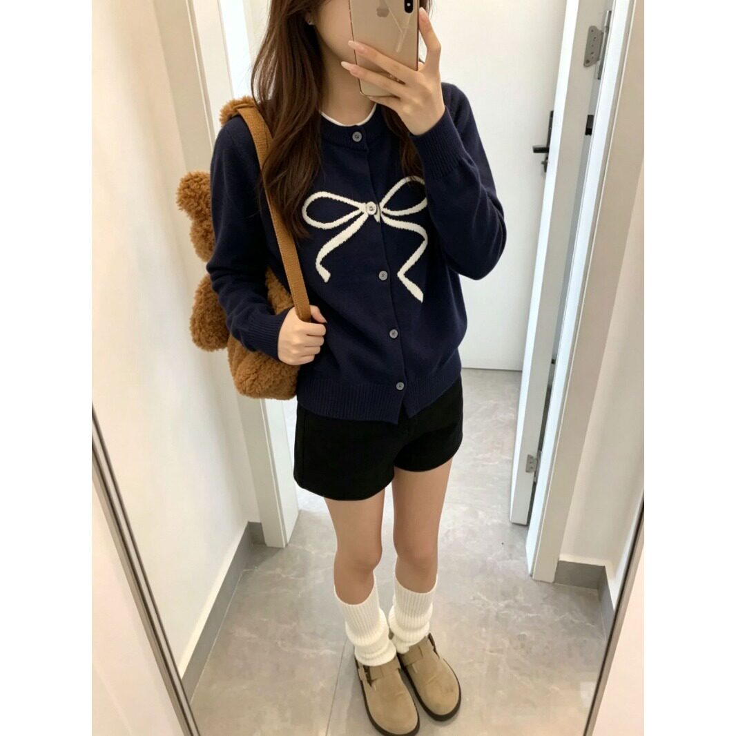 实拍韩国chic设计感蝴蝶结针织开衫女秋冬小个子软糯百搭毛衣外套