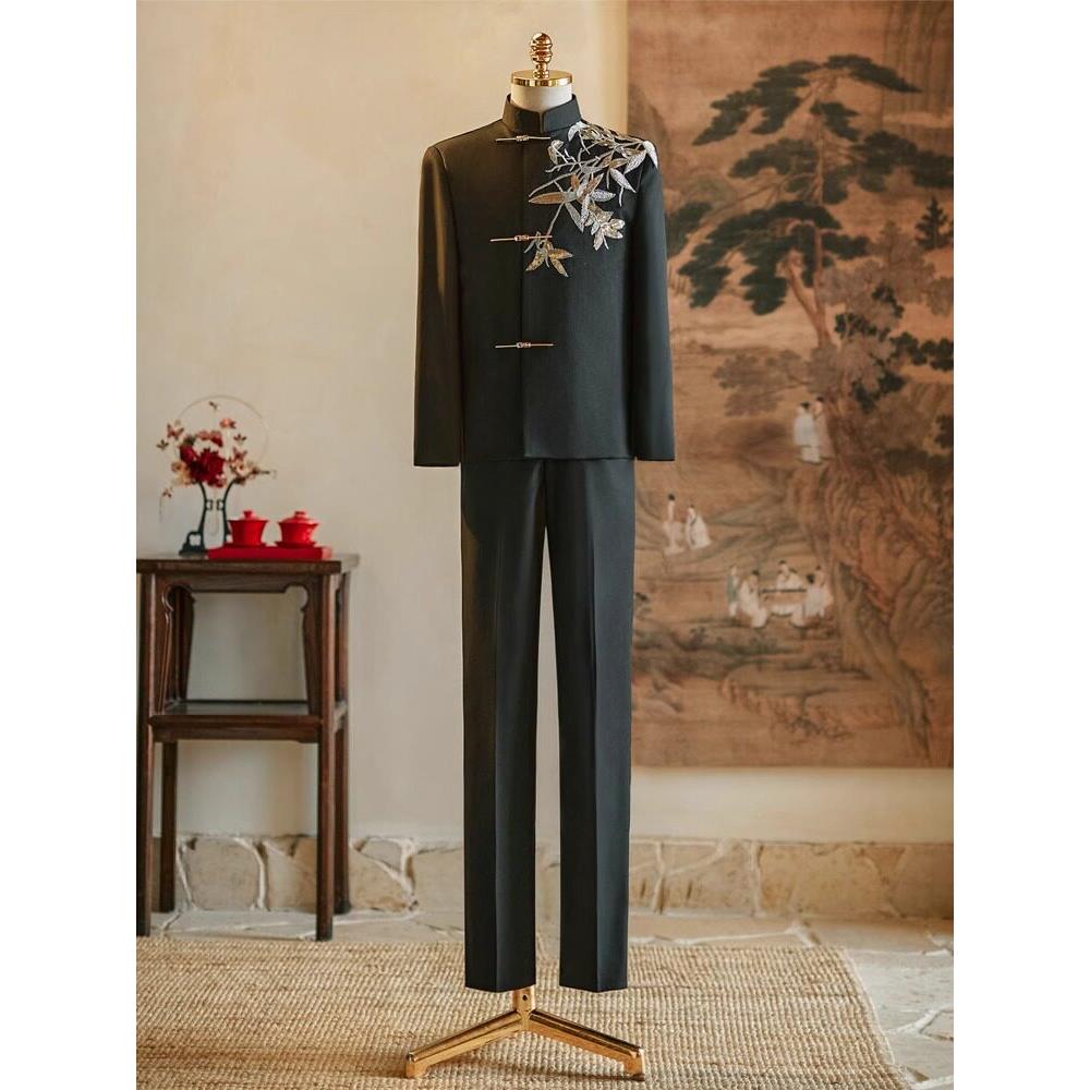 新郎婚礼中山装修和服装2025新新中国风男士婚纱黑色西装唐装夏季