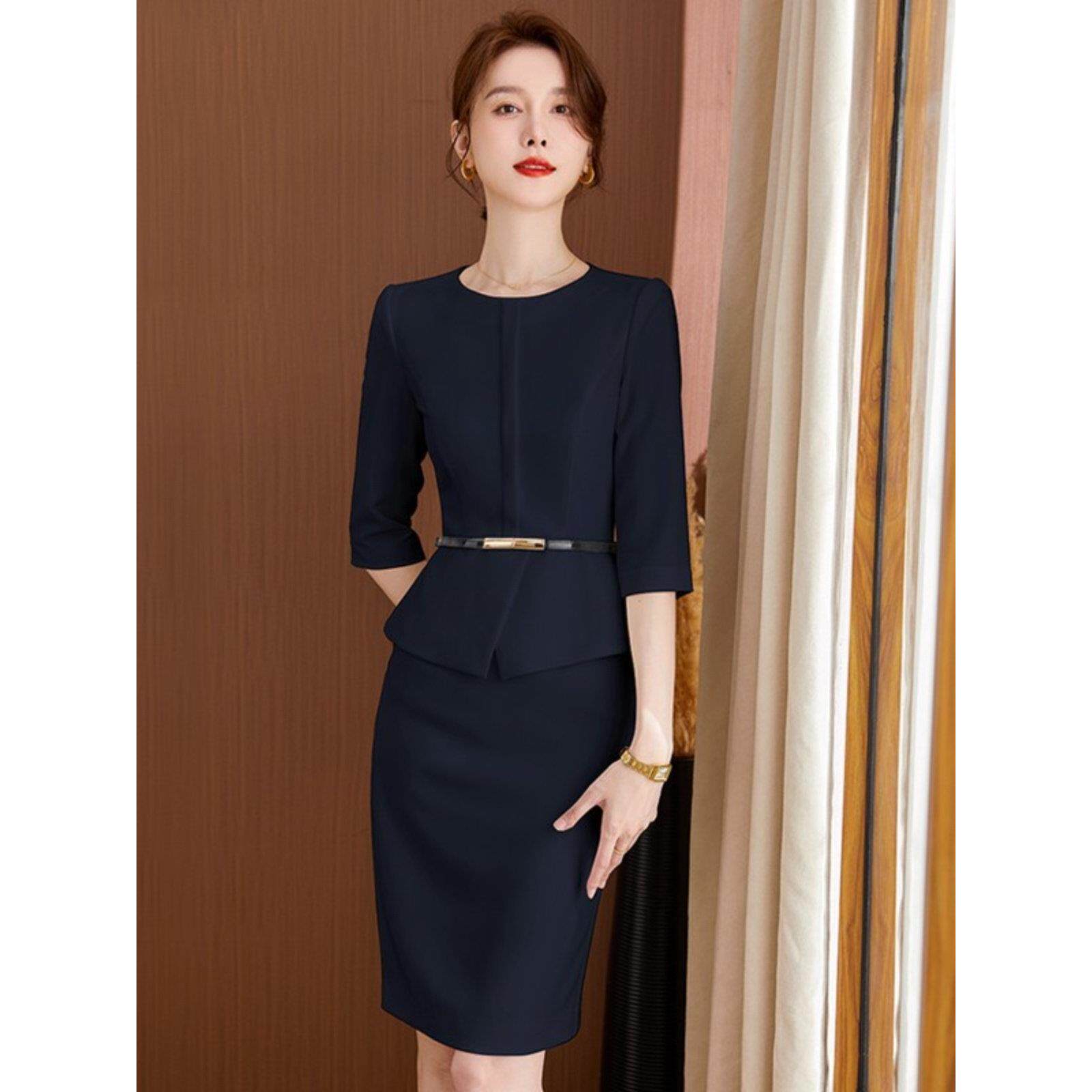 商务装礼服优雅的女神风格高端海军蓝美容师2025新款夏季假两件套