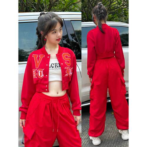 刺绣红色kpop女团打歌服爵士街舞套装成人舞蹈表演出jazz跳舞穿搭