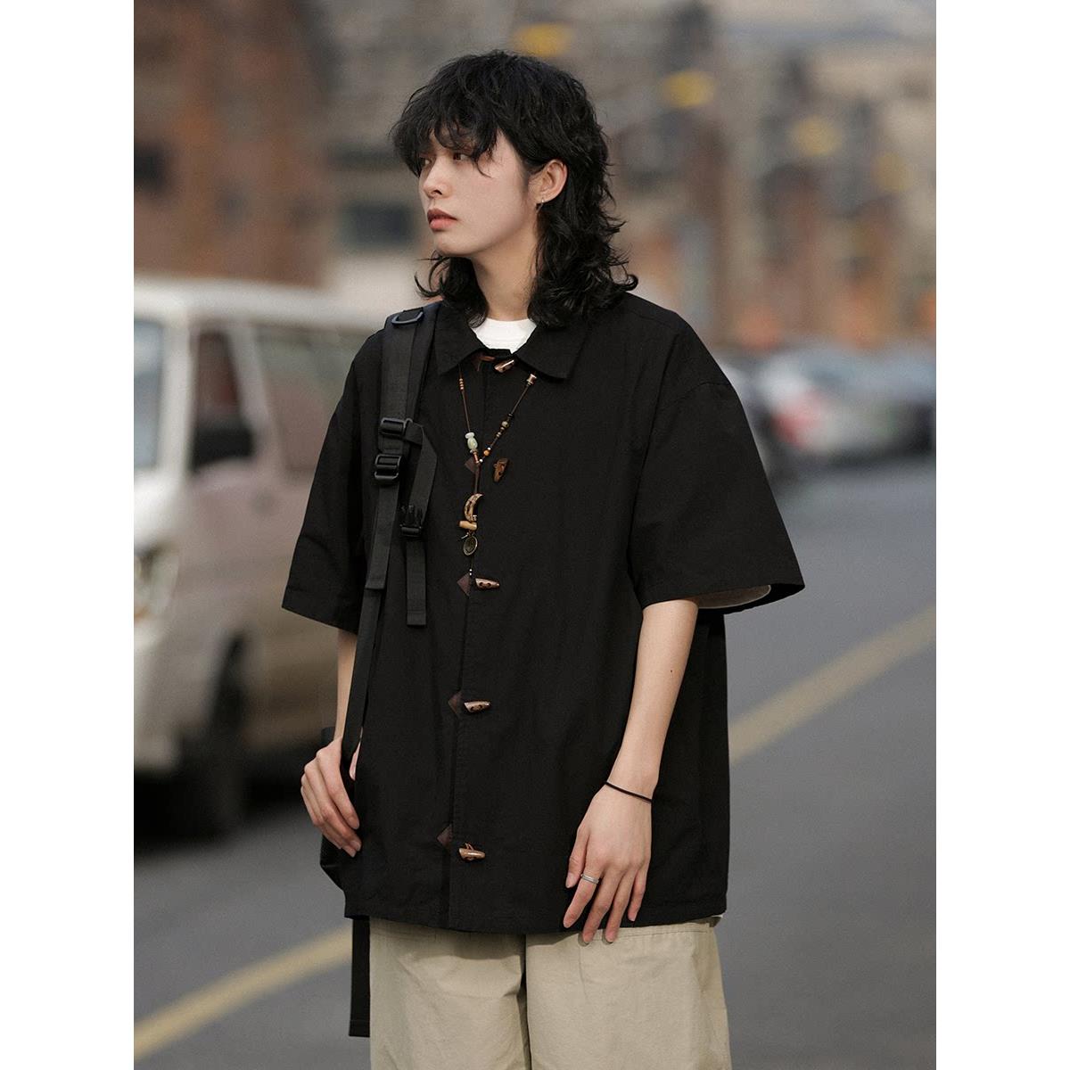 弎狸TIP 宽松百搭夏男装牛角扣短袖衬衫男士唐装新中式汉服衬衫潮