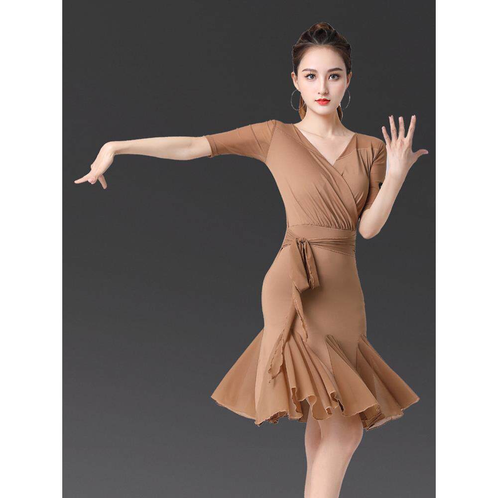 拉丁舞连衣裙女短袖水晶练功服大摆长裙黑色演出服