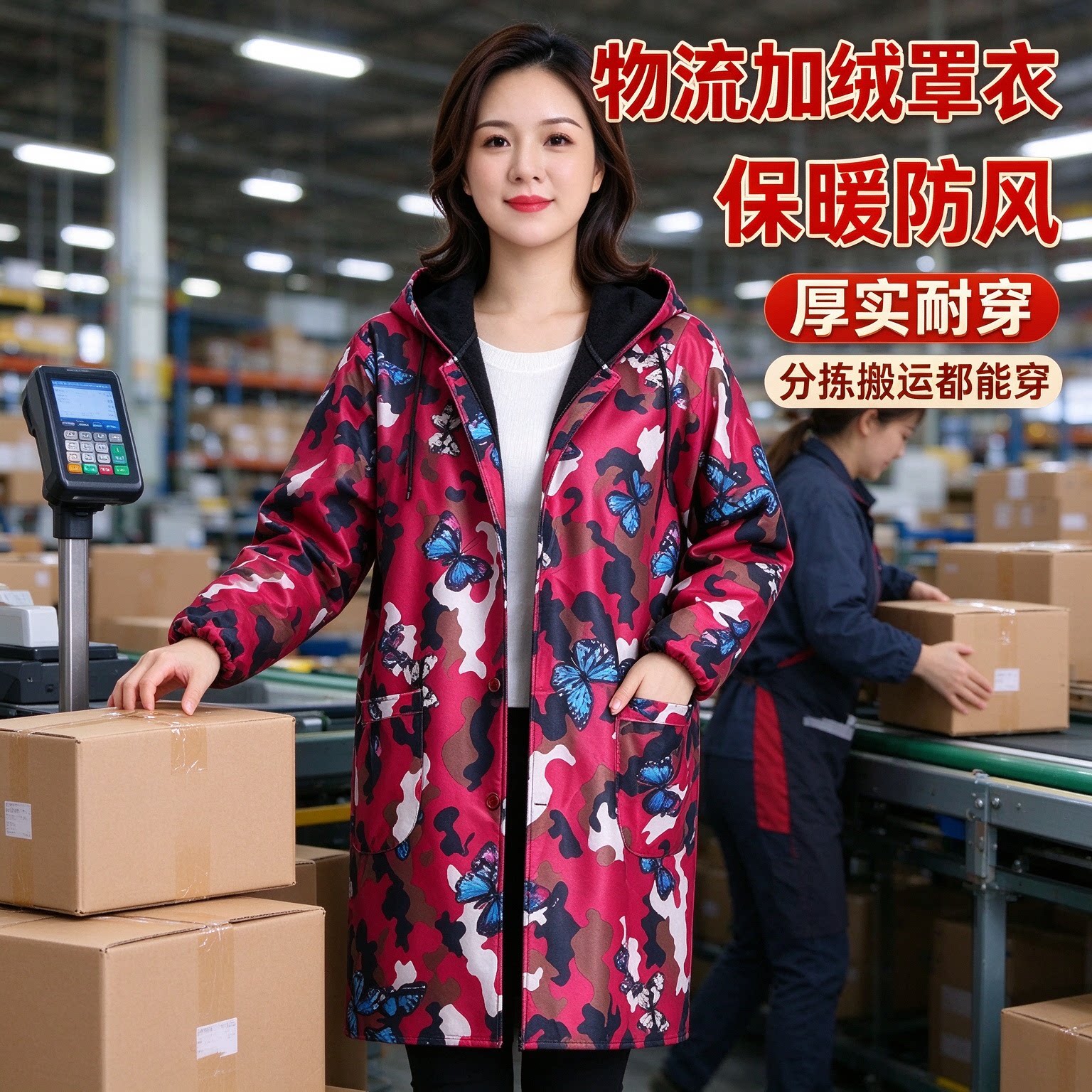 秋冬女式加厚加绒罩衣长款花色外套连帽设计厨房干活耐磨防尘