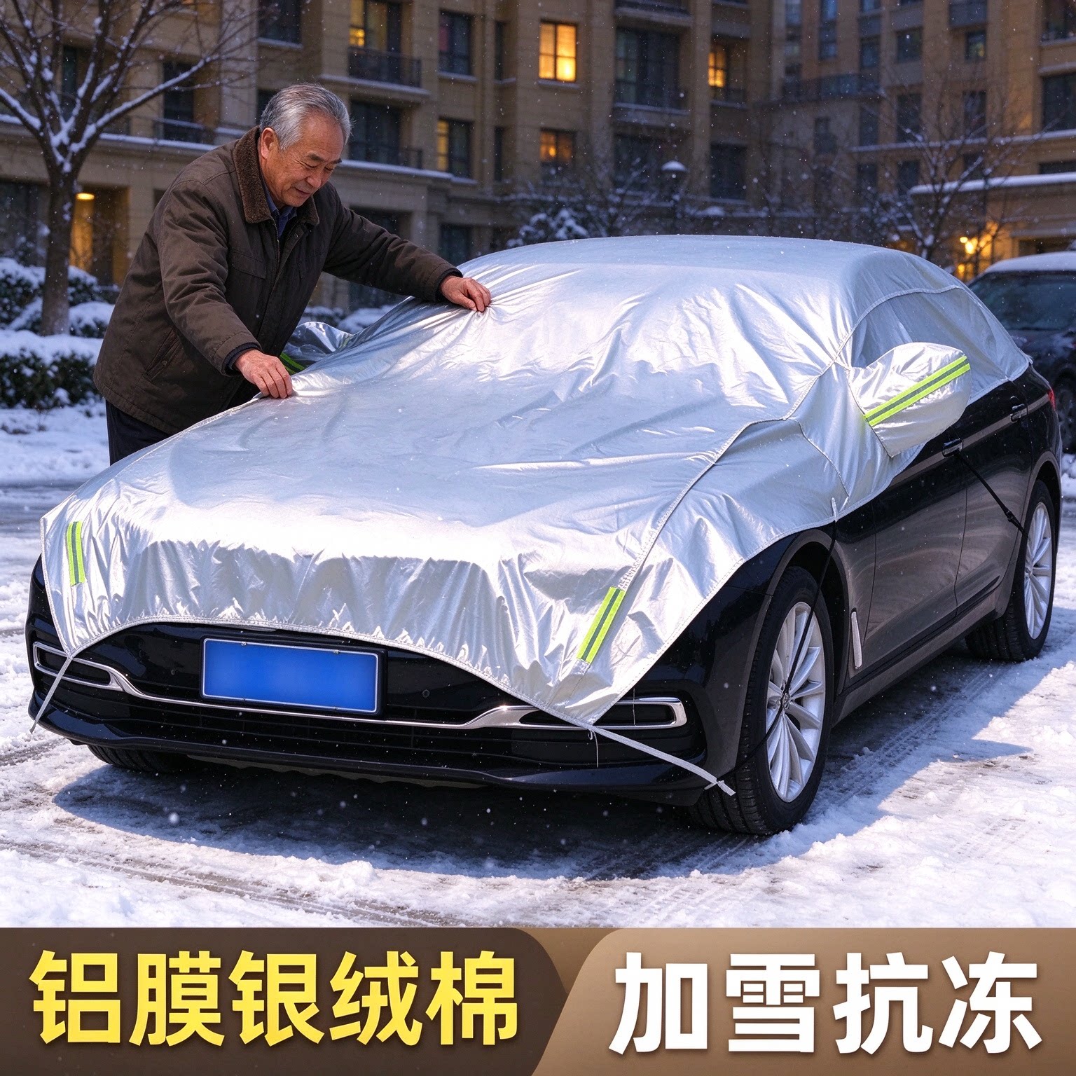 冬季汽车半罩保护车衣铝膜银绒棉防雪防冻带反光条前挡防霜