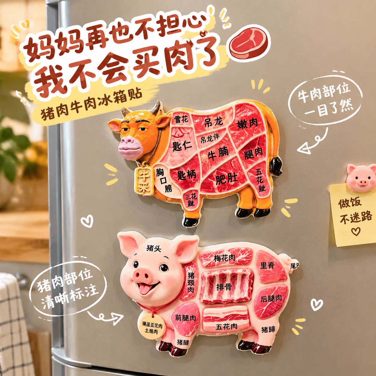 猪肉牛肉部位图解冰箱贴树脂立体认肉磁贴家居厨房装饰摆件小礼物
