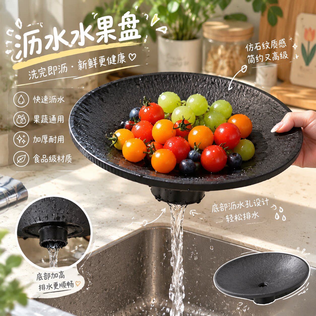 可沥水水果盘新款轻奢简约罗马岩盘子干果收纳盘桌面精致装饰摆件