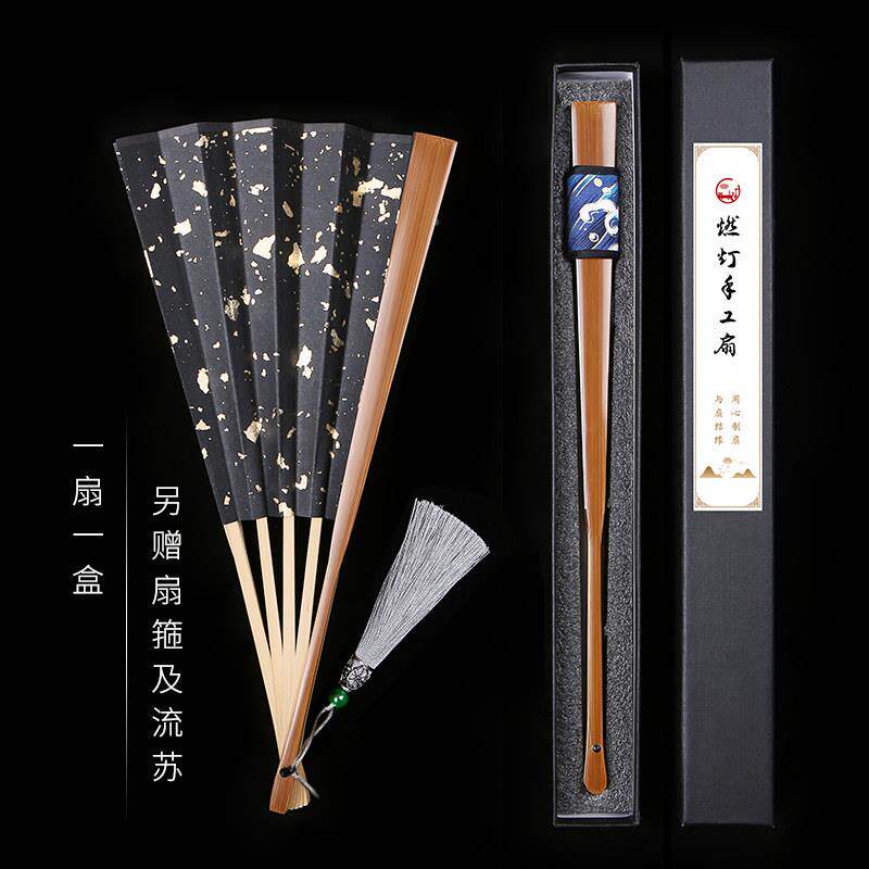 9.老寸料玉竹牛角挂绳扇流苏玉竹文玩折扇5手工扇苏工真老料玉竹