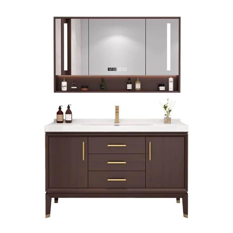 新中式橡木落地智能实木陶瓷一体盆浴室洗手盆柜组合卫生间洗漱台